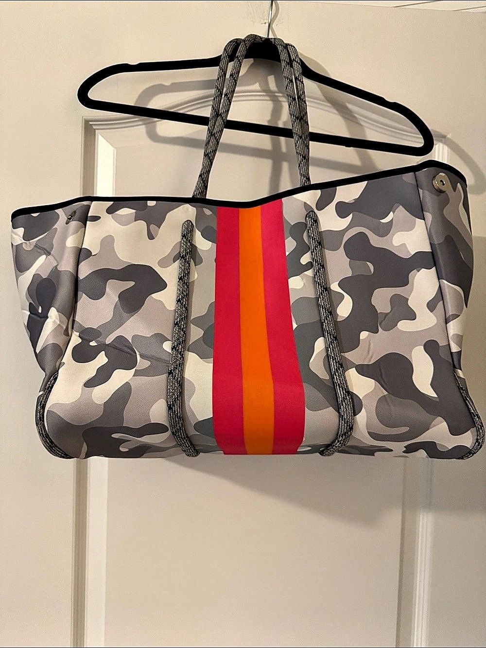 Parker & Hyde Neoprene Camo Tote with Pink & Orange Stripe Gray & Pink